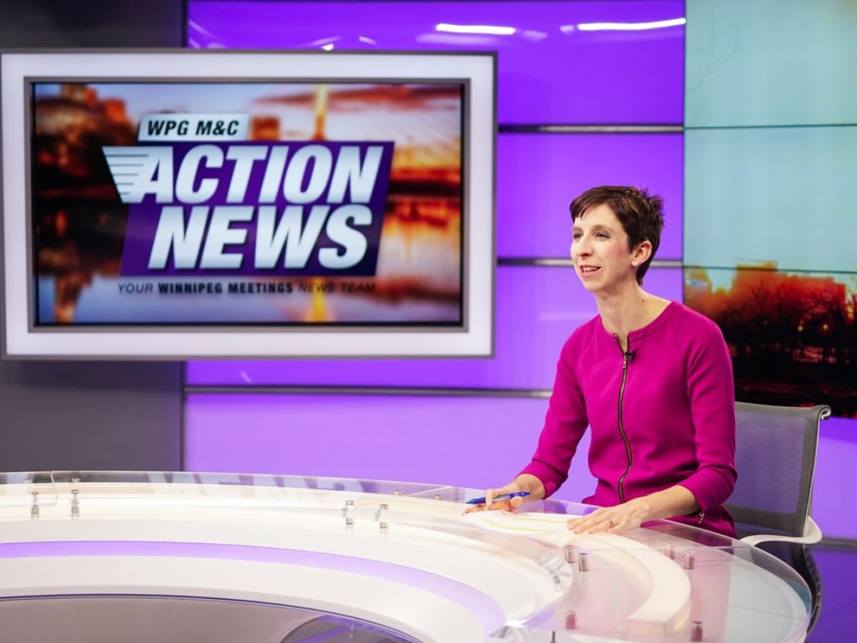 Tourism Winnipeg presents: The Story Meeting - Tourism Winnipeg director Natalie Thiesen playing the role of M & C news anchor (photo by Tyler Walsh)